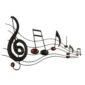 26 Inch Handmade Metal Wall Mount Accent Decor with Musical Notes and Treble Clef, Black, Red