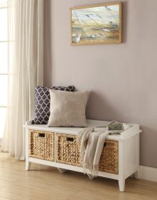 Rectangular Wooden Bench with Storage Basket, White