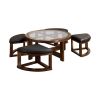 Gracious Round Wooden Coffee Table With Stylish Wedge Shaped 4 Ottomans