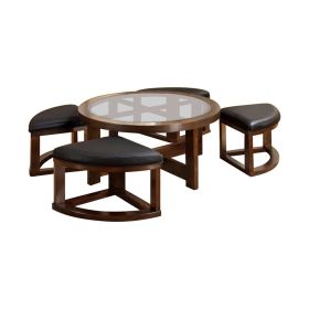 Gracious Round Wooden Coffee Table With Stylish Wedge Shaped 4 Ottomans