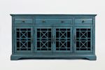 Koi 60 Inch Acacia Wood TV Media Entertainment Center Console, 4 Glass Doors, Crossed Wood Design, Antique Blue