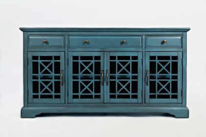 Koi 60 Inch Acacia Wood TV Media Entertainment Center Console, 4 Glass Doors, Crossed Wood Design, Antique Blue