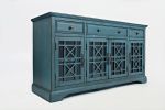 Koi 60 Inch Acacia Wood TV Media Entertainment Center Console, 4 Glass Doors, Crossed Wood Design, Antique Blue