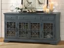 Koi 60 Inch Acacia Wood TV Media Entertainment Center Console, 4 Glass Doors, Crossed Wood Design, Antique Blue
