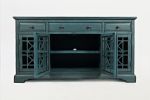 Koi 60 Inch Acacia Wood TV Media Entertainment Center Console, 4 Glass Doors, Crossed Wood Design, Antique Blue