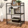 Three Tier Metal Bookshelf With Wooden Shelves, Oak Brown & Gray