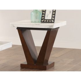 Square Marble Top End Table With Wooden "V" Shape Base, White And Brown