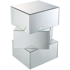 Mirror and Glass End Table with Unique Geometrical Base Design, Silver