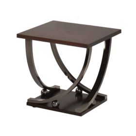 Wood and Metal End Table with Sweeping Legs, Dark Walnut Brown and Black
