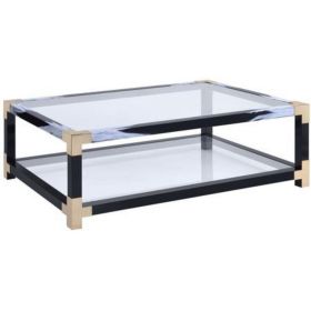 Rectangular Metal Coffee Table with Glass Top and Shelf, Black