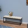 Linen Upholstered Metal Contemporary Bench with Diamond Tuft Details, Beige and Black