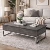 Wooden Coffee Table with Two Lift Tops and Metal Sled Leg Support, Gray and Silver