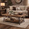 Wooden Coffee Table with X Crossed Metal Sides and Open Shelf, Brown and Black