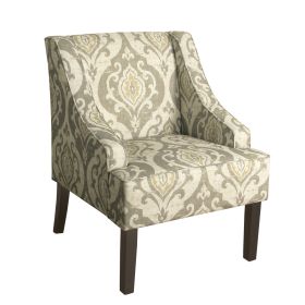 Fabric Upholstered Wooden Accent Chair with Damask Pattern Design, Brown, Ivory