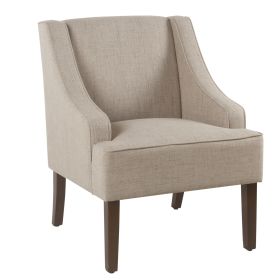 Fabric Upholstered Wooden Accent Chair with Swooping Armrests, Beige and Brown