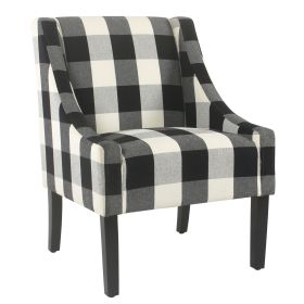 Fabric Upholstered Wooden Accent Chair with Buffalo Plaid Pattern, Black and White