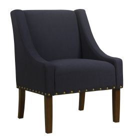 Fabric Upholstered Accent Chair with Swooping Arms and Nail Head Trim, Blue and Brown