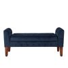 Velvet Upholstered Button Tufted Wooden Bench Settee With Hinged Storage, Dark Blue and Brown