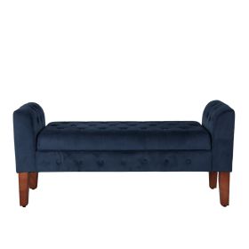 Velvet Upholstered Button Tufted Wooden Bench Settee With Hinged Storage, Dark Blue and Brown