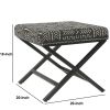 Tribal Pattern Fabric Upholstered Ottoman with X Shape Metal Legs, Black and Cream