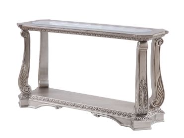 Antique Sofa Table with Polyresin Engravings and Clear Glass Top, Silver and Clear