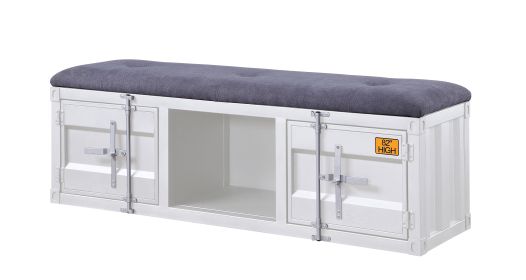 Metal Bench with Open Storage and Tufted Fabric Seat, White and Gray