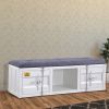 Metal Bench with Open Storage and Tufted Fabric Seat, White and Gray