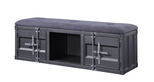 Industrial Style Metal and Fabric Bench with Open Storage, Gray
