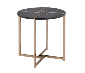 End Table with X Shaped Metal Base and Round Wooden Top, Gold and Gray