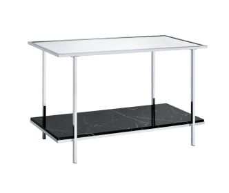 Console Table with Mirror Top and Faux Marble Open Bottom Shelf, Silver