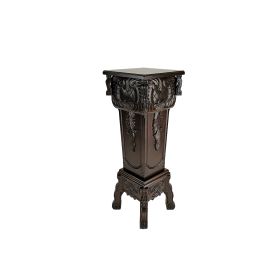 Elegantly Engraved Wooden Frame Pedestal Stand, Dark Brown