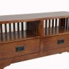 Wooden TV Stand with 2 Open Shelves and Slatted Back, Oak Brown
