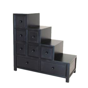 Wooden Frame Reversible Step Chest with 8 Drawers, Antique Black