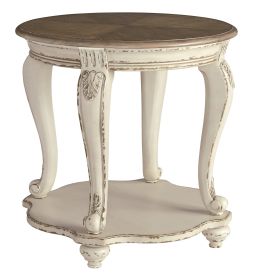Round Wooden End Table with Open Bottom Shelf, Brown and Antique White