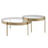 Contemporary Metal and Glass Round Nesting Table, Set of 2, Gold and Clear