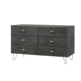 Wooden Dresser with 6 Drawers and Metal Hairpin Legs, Gray and Gold