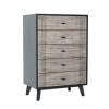 Wooden Chest with 5 Drawers and Metal Bar Handles, Gray and Black