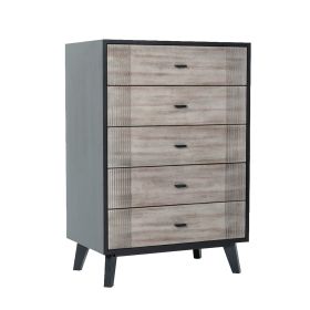 Wooden Chest with 5 Drawers and Metal Bar Handles, Gray and Black