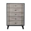 Wooden Chest with 5 Drawers and Metal Bar Handles, Gray and Black