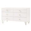 6 Drawer Wooden Dresser with Metal Hairpin Legs, White and Gold