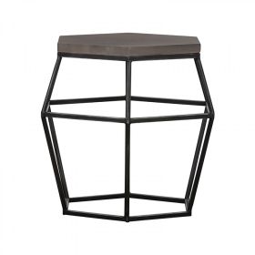 Hexagonal Concrete End Table with Metal Base, Gray and Black