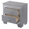 Two Drawer Wooden Nightstand with Textured Details and Mirror Accents, Gray