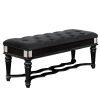 Fabric Padded Bench with Deep Button Tufting and Turned Legs, Black
