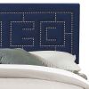 Fabric Eastern King Bed with Geometric Pattern Nailhead Trims, Blue