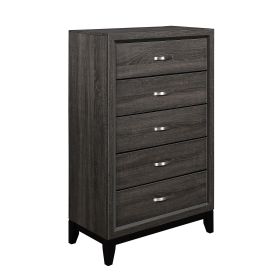 5 Drawer Wooden Chest with Grain Details and Chamfered Feet, Gray