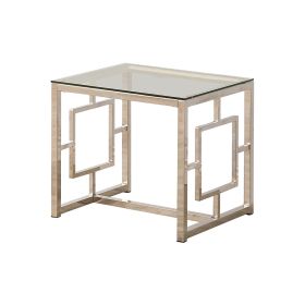 Tempered Glass Top End Table with Lattice Cut Out Panels, Silver and Clear