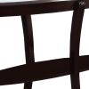 Oval Top Wooden Sofa Table with Glass Insert and Open Shelf, Espresso Brown