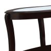 Oval Top Wooden Sofa Table with Glass Insert and Open Shelf, Espresso Brown
