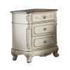 3 Drawer Nightstand with Floral Motif Carving Details, Antique White and Brown