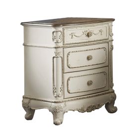3 Drawer Nightstand with Floral Motif Carving Details, Antique White and Brown
